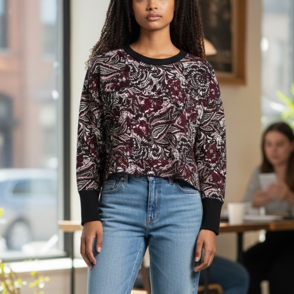 Joie Caliegh Cranberry Paisley Floral Semi Cropped Sweatshirt